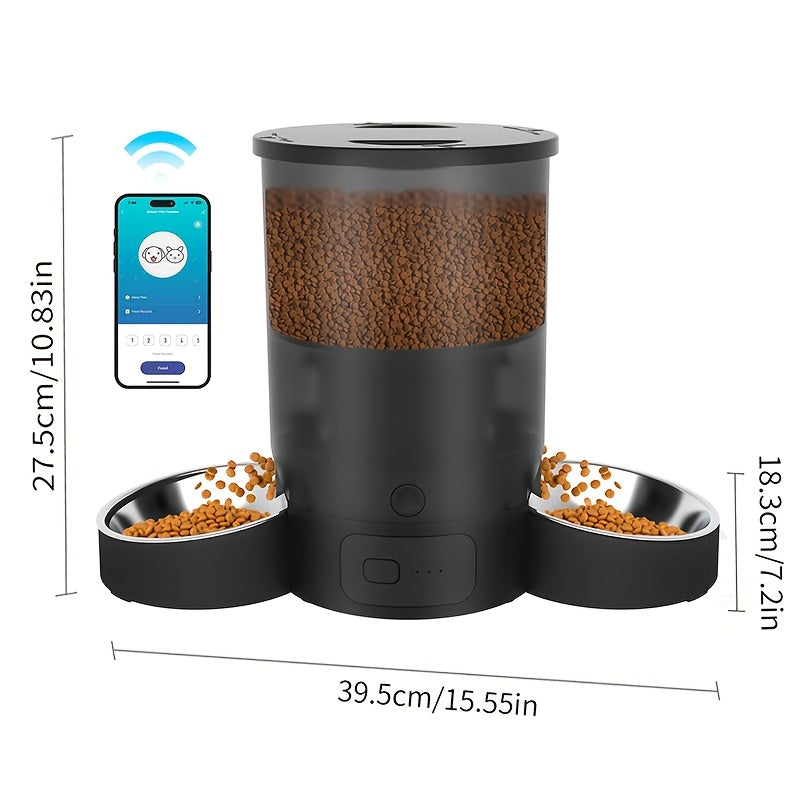 1 مغذي أوتوماتيكي للحيوانات الأليفة بسعة 3 لتر، يتضمن 2 وعاء من الفولاذ المقاوم للصدأ قابلين للإزالة لاستخدام متعدد الحيوانات أو استخدام فردي، الارتفاع حوالي 27.99 سم والعرض 40.01 سم تقريبًا، يدعم اتصال WiFi بسرعة 2.4 جيجاهرتز، تحكم عن بعد عبر التطبيق الم