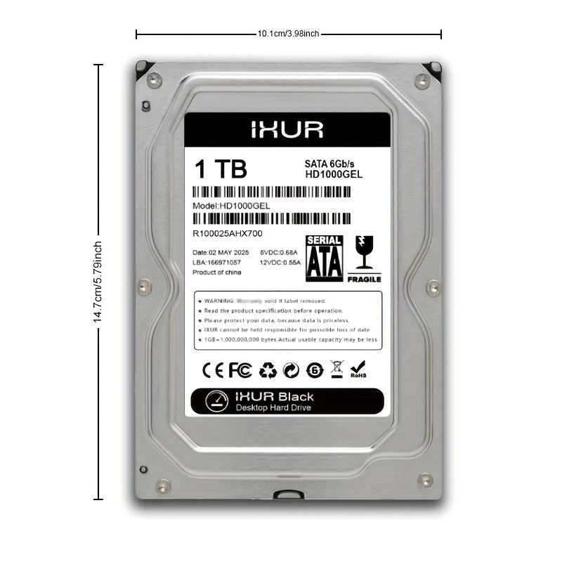 IXUR 8.89 سم 500B/1TB سداسي داخلي للكمبيوتر - 7200 دورة في الدقيقة، SATA 6 جيجابت في الثانية للكمبيوتر المكتبي، تخزين عالي السرعة، بدون بطارية، تصميم متين، سهولة الوصول