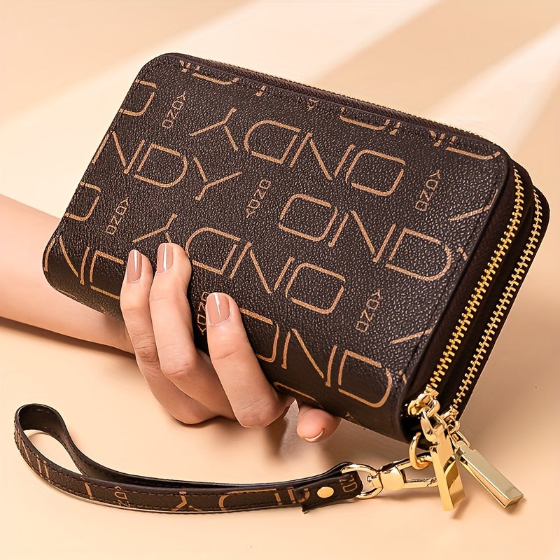 محفظة طويلة للنساء بلون القهوة الكلاسيكي، حقيبة معصم أنيقة بسحاب مزدوج، مزودة بحزام للمعصم، تتسع للهاتف المحمول والمحافظ وجيب العملات و12 فتحة بطاقات