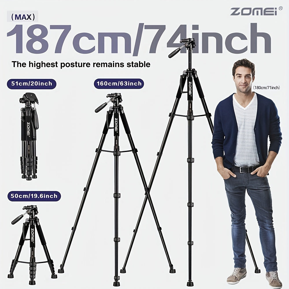 1 قطعة ZOMEI حامل ثلاثي أسود 74"/187 سم، حامل كاميرا احترافي من الألومنيوم للخدمة الشاقة، جانب الحامل ثلاثي ذو فتحة برغي 1/4، حامل ثلاثي للكاميرا DSLR SLR، الهاتف، جهاز العرض، كاميرا الويب، منظار الرصد - للسفر، تسجيل الحياة، البث المباشر