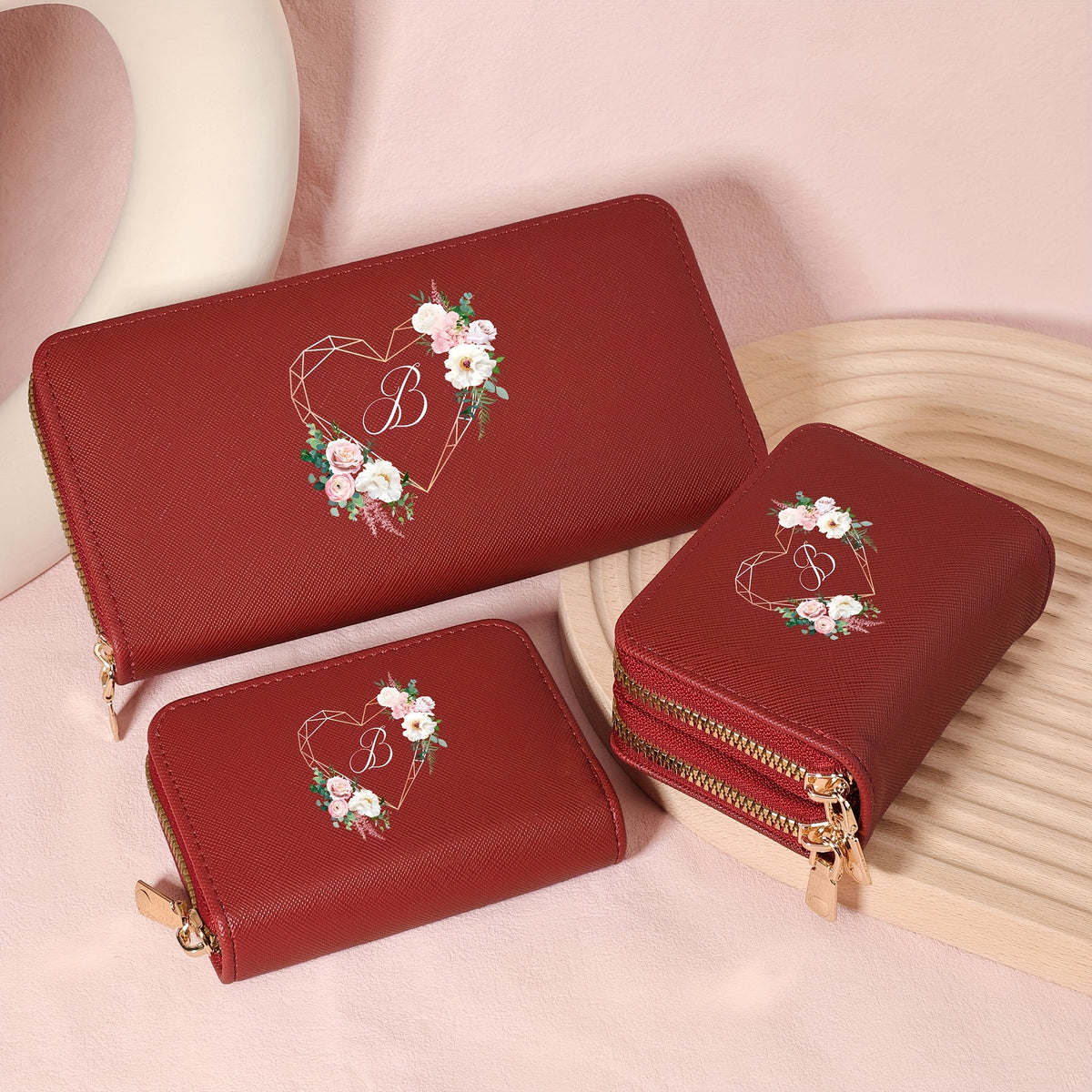 مجموعة محفظة نسائية أنيقة مكونة من 3 قطع بتصميم قلب زهري، بسحاب، متعددة البطاقات وحامل للهاتف، مثالية للسفر والجامعة والاستخدام اليومي، محفظة جميلة