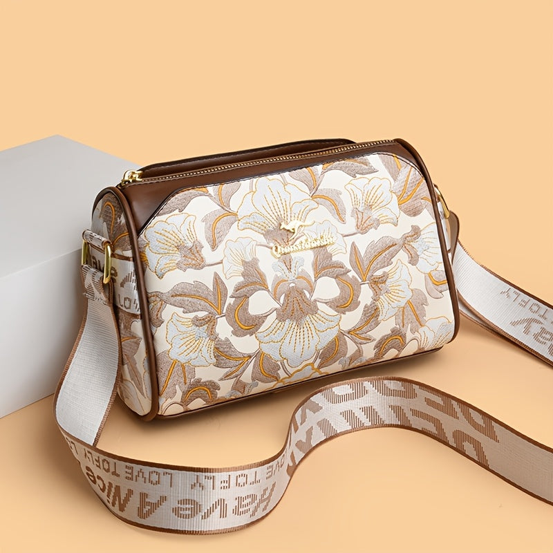 حقيبة كروس أنيقة مطبوعة بالزهور - خفيفة الوزن، حزام قابل للتعديل، إغلاق بسحاب، بطانة من البوليستر، مثالية للاستخدام اليومي، هدية مثالية للأمهات والأصدقاء، حقيبة يومية|حقيبة بنمط الزهور|حقيبة بسحاب
