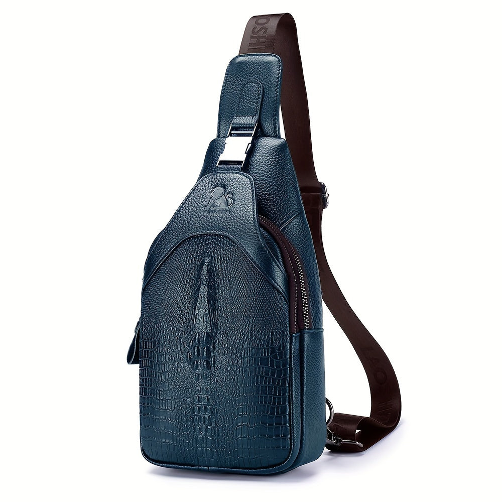 حقيبة صدر كروس بديلة للجسم من الجلد الطبيعي للرجال - سوداء أنيقة بتصميم محفور على شكل برج إيفل، سعة كبيرة، حزام قابل للتعديل، مثالية للسفر والعمل والاستخدام اليومي، حقيبة كروس بديلة يومية | حقيبة كروس أنيقة | حقيبة جلدية طبيعية