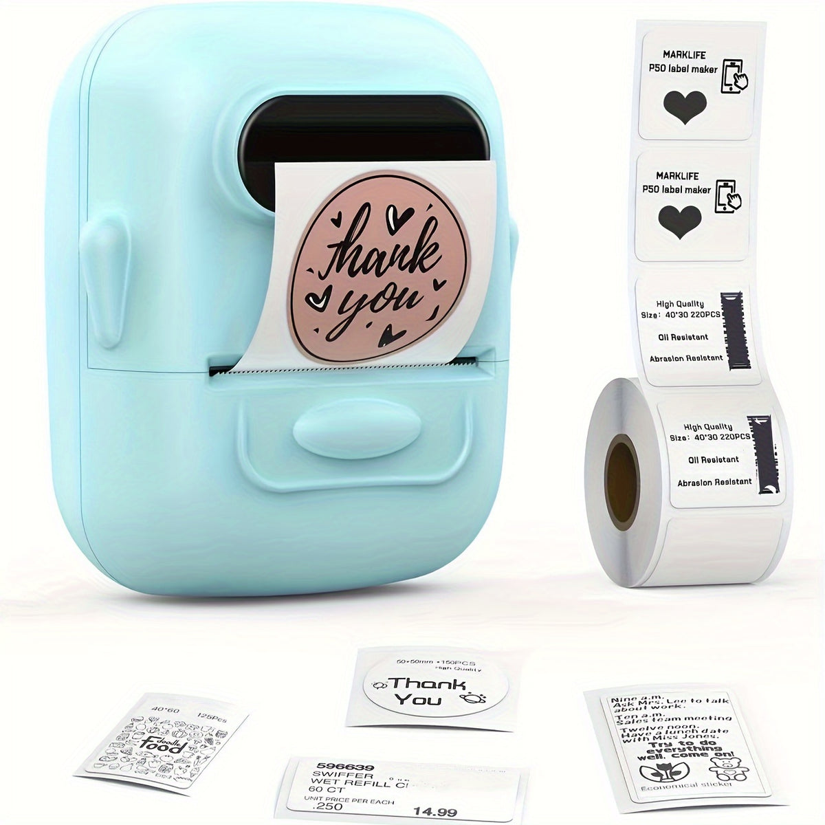 طابعة ملصقات حرارية ماركلايف، 5.08 سم طابعة ملصقات محمولة، اتصال لاسلكي بالهاتف المحمول، للمكتب، المنزل، الأعمال، العلامات، المطبخ (ملصق 5.08x3.0 سم)، مع 1 لفة من الملصقات البيضاء