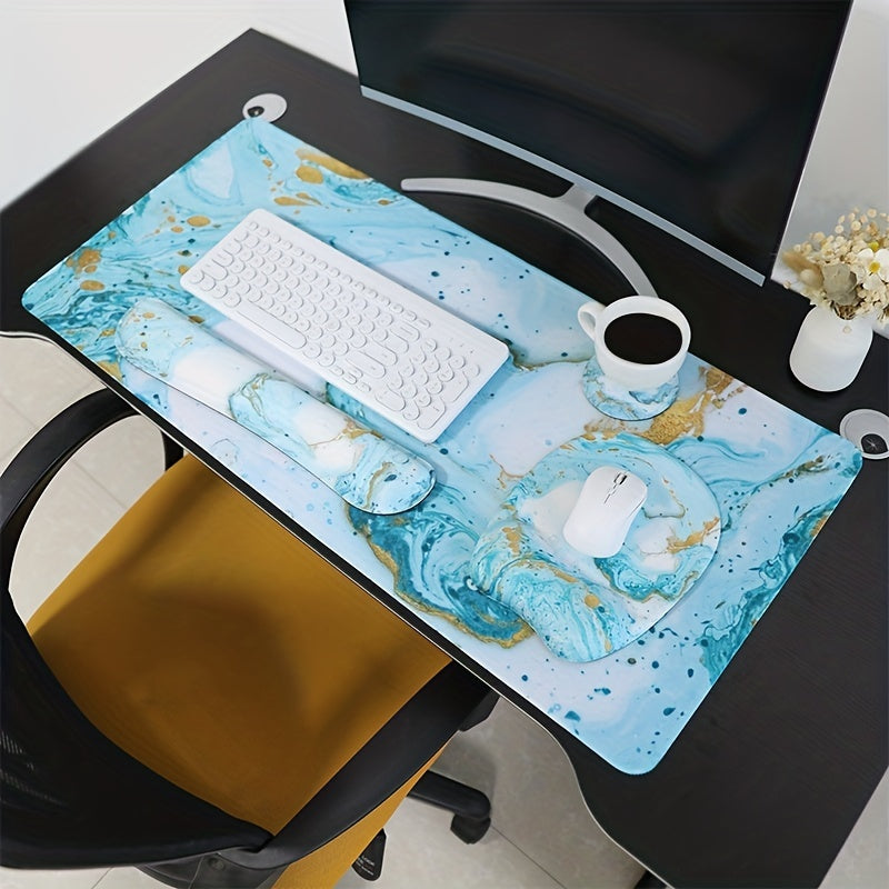 سجادة مكتبية ، طقم دعم معصم لوحة الماوس للألعاب ، لوحة ماوس كبيرة 4 في 1 XXL + مسند معصم للوحة المفاتيح + مسند معصم للماوس + طقم كوستر بتصميم مريح لجهاز كمبيوتر طاولة المكتب المنزلي - رخام أخضر