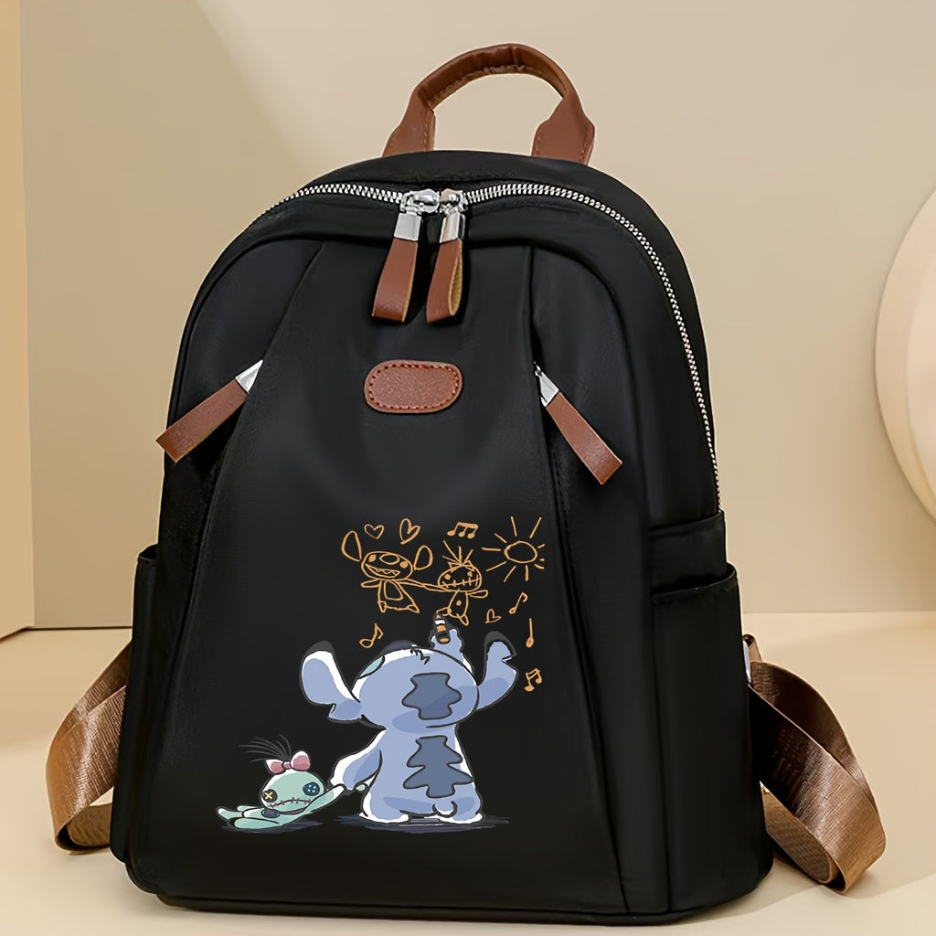 حقيبة ظهر ستيتش وليلو للنساء - تصميم خفيف الوزن وجذاب مع عدة أقسام، أحزمة كتف مبطنة ومقابض على شكل يد - أسود برسومات ملونة - مثالية للمدرسة والسفر والاستخدام اليومي | تصميم رسوم ممتع | بنية متينة