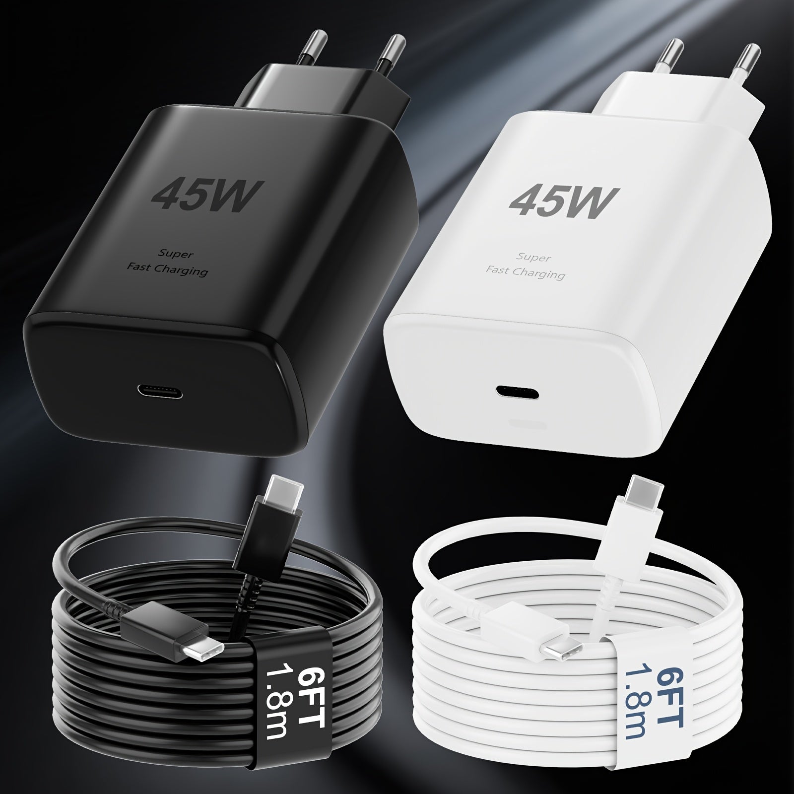 2 مجموعات 45 واط USB-C محول شحن جداري مع كابل شحن هاتف أندرويد بطول 6 أقدام، متوافق مع Samsung Galaxy S23 Ultra/S23/S23+/S22/S22 Ultra/S22+/S22 Plus/S21/Note 20 Ultra/Note 10+ - تصميم خفيف الوزن، قابس أوروبي القياسي، مزود بالطاقة (100-240 فولت)، شاحن Wal