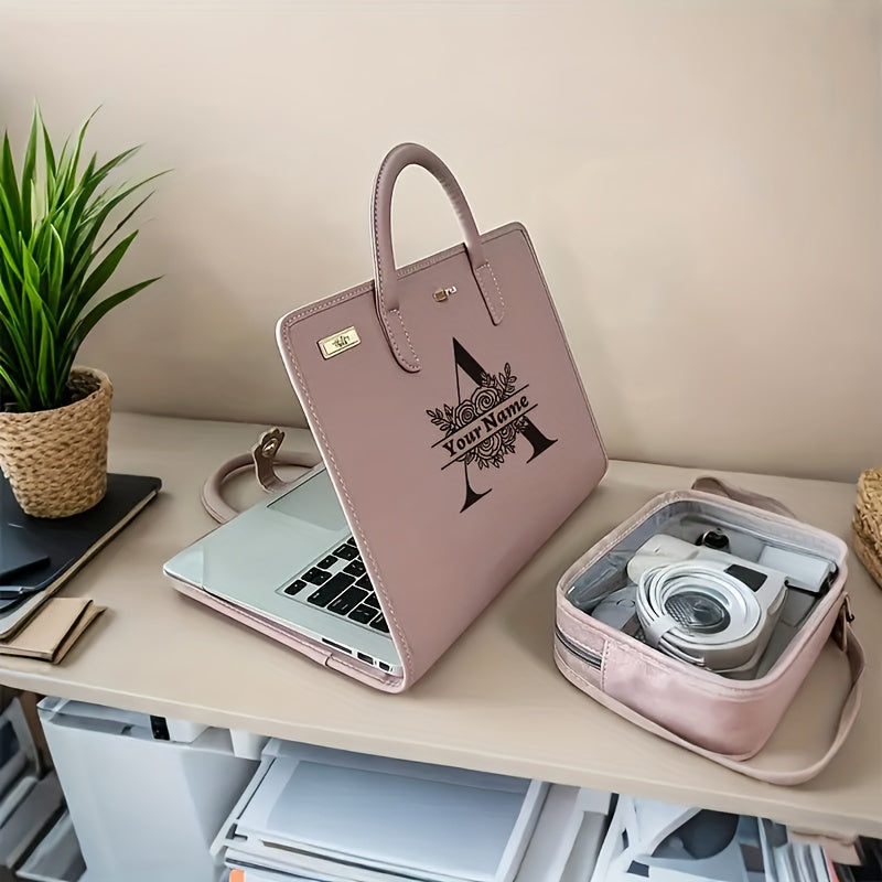 حقيبة كمبيوتر محمول من الجلد الصناعي باللون الوردي قابلة للتخصيص مع تصميم زهري، اسم مخصص، إغلاق بإبزيم - خفيفة الوزن وقابلة للطي، متوافقة مع الكمبيوتر المحمول بحجم 13/14/15.6/16 بوصة في المكتب والمدرسة، حقيبة حمل الكمبيوتر المحمول