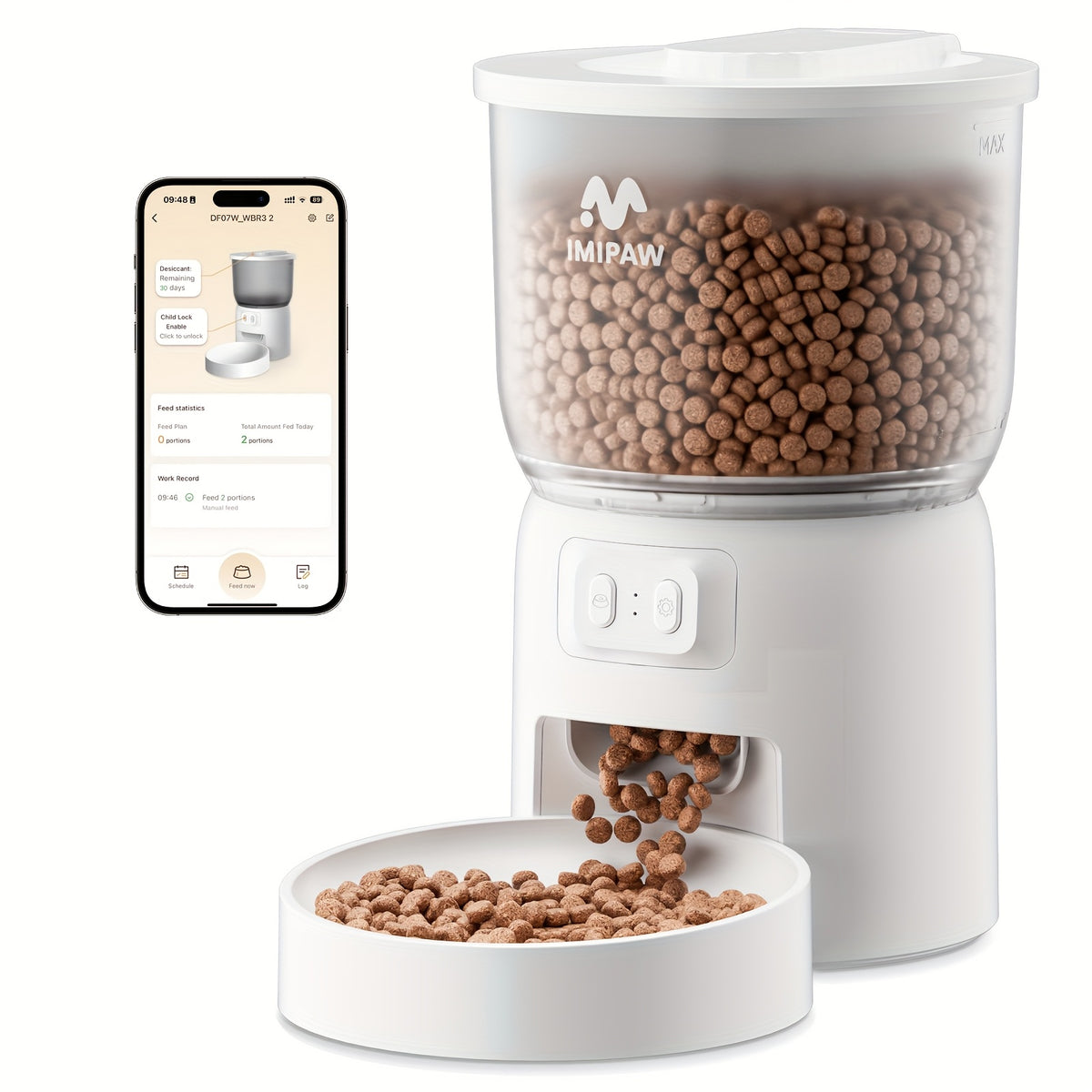 IMIPAW موزع طعام أوتوماتيكي للقطط والكلاب بسعة 3 لتر مع تحكم عبر واي فاي 2.4G وتطبيق - التحكم في الجرعات (1-10 وجبات)، يعمل بالبطارية أو USB، تتبع زمني حقيقي، أبيض، هيكل بلاستيكي متين، وحدة تغذية ذكية، مدمج وموثوق، مثالي لوالدي الحيوانات الأليفة المشغولين