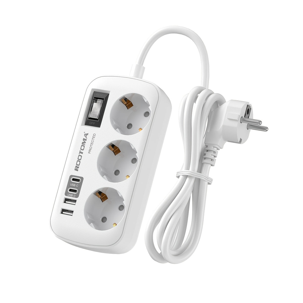 قضيب طاقة 7 في 1 مع حماية من الصعق، 3 منافذ مع 2 منافذ USB-C و2 منافذ USB-A، محول طاقة بكابل 1.5 متر مع مفتاح طاقة، ميزات أمان، قابل للتثبيت على الحائط للمنزل والمكتب، أبيض