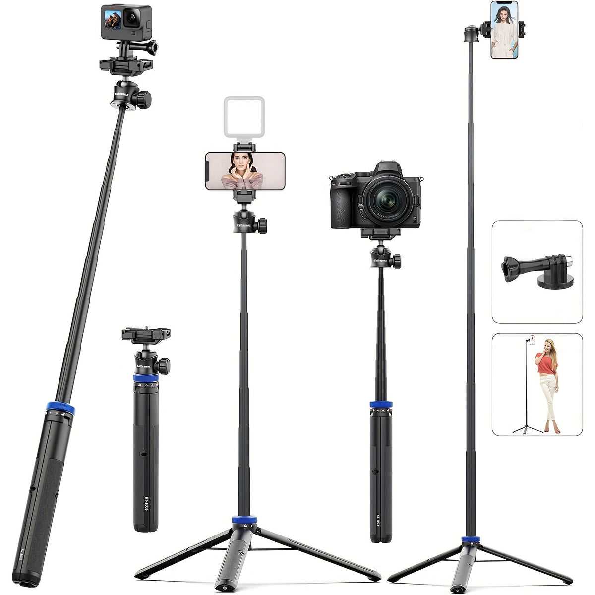 حامل ترايبود قابل للتمديد بطول 64 بوصة مع رأس كرة، قاعدة من سبائك الألومنيوم بـ 8 مراحل للهواتف الذكية والكاميرا والبث المباشر، عصا سيلفي مع برغي قياسي 1/4 بوصة، حامل هاتف مضمن