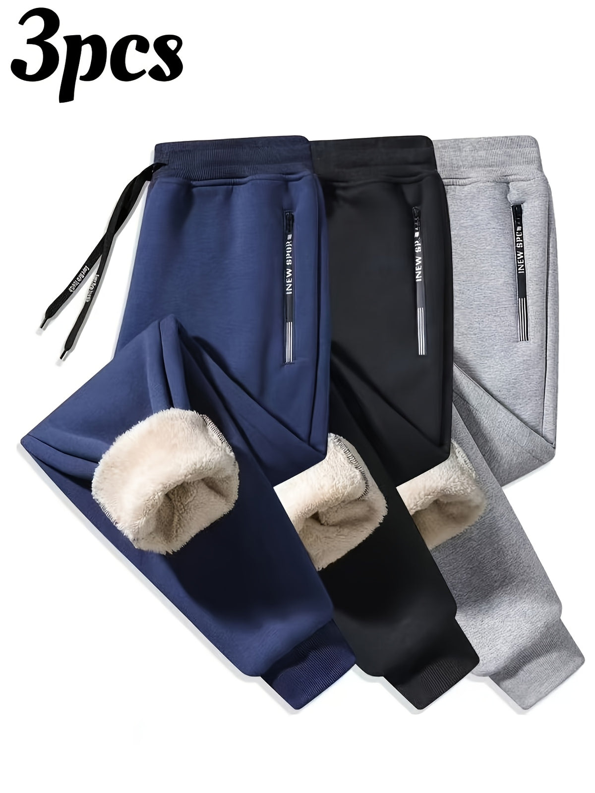 3-عبوة سراويل شتوية دافئة مبطنة بالصوف، 95% بوليستر 5% سبانديكس، لون صلب، قماش محبوك، تمتد قليلاً، قصة فضفاضة، رباط، 500 جرام - سراويل طويلة مريحة لفصل الشتاء، سميكة