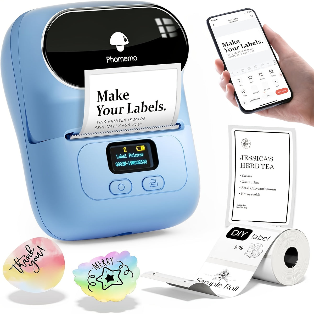 طابعة ملصقات فوميمو بلون البحيرة الزرقاء - طابعة باركود M110، صانع تسميات حراري محمول لاسلكي مطور للمنتجات، العناوين، الشركات الصغيرة، المكاتب، الهواتف/الجهاز اللوحي في المنزل، الطابعة + 100 ملصق