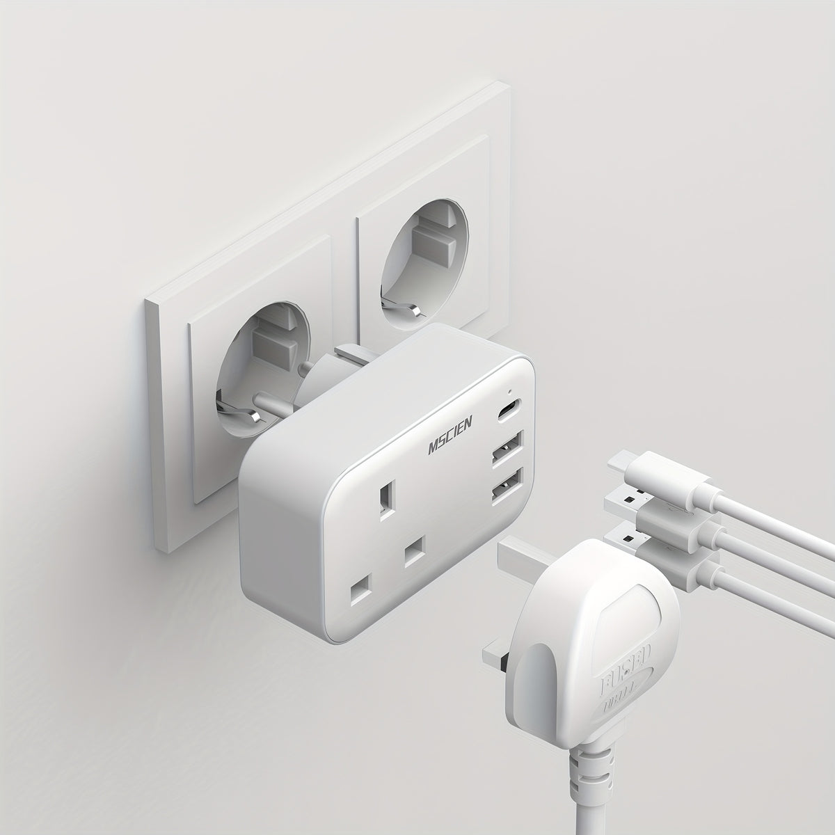 محول متعدد الوظائف من المملكة المتحدة إلى أوروبا، مدمج وخفيف الوزن، قابس أوروبي قياسي مع مأخذ نوع ج واحد و3 منافذ USB (2 USB-A، 1 USB-C)، يتميز بأضواء مؤشر LED، أقصى طاقة 3250 وات، مواد مقاومة للحريق، حماية من الصعق، مناسب للسفر/رحلات العمل/استخدام المكتب