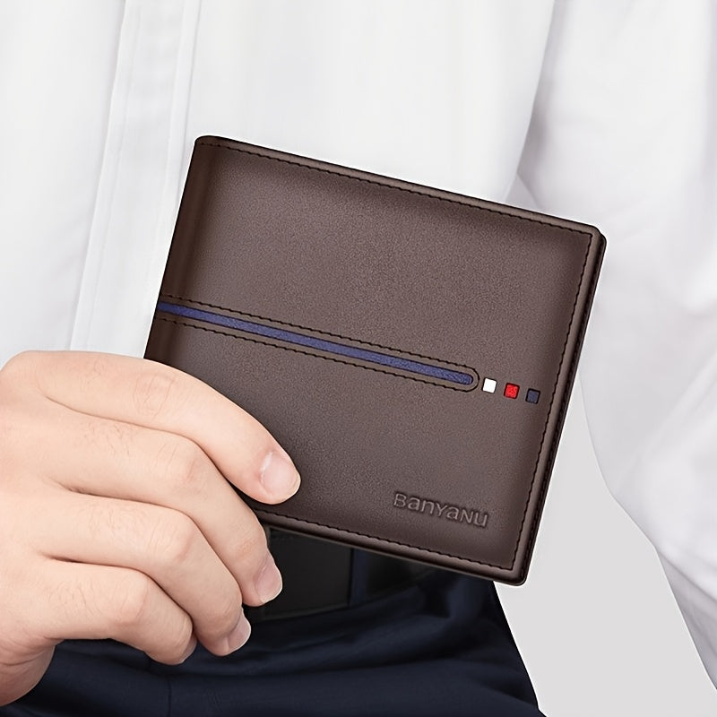 محفظة جلدية أصلية فاخرة للرجال - تصميم أنيق للأعمال والسفر، بني قهوة مع نقش مخطط، قصيرة الطراز، حامل هوية، هدية مثالية للإجازات (خيار نص مخصص)، إكسسوار احترافي، صنعة عالية الجودة