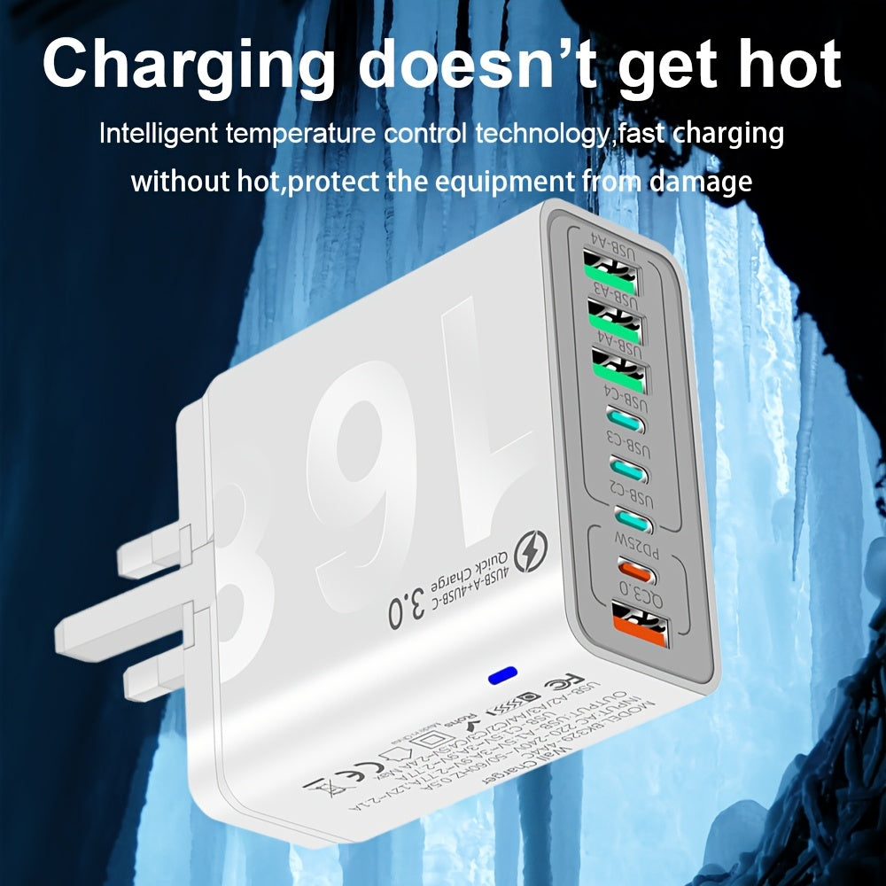 محول طاقة شحن سريع 8 في 1 من KAXOE مع QC3.0 وUSB-C، شاحن سفر مدمج بـ4 منافذ لـiPhone 15/16 Pro Max، Samsung Galaxy، الأجهزة اللوحية، الساعات الذكية - قابس المملكة المتحدة (220-240 فولت)، شحن USB Typec | شحن منظّم | شحن فعال، KAXOE