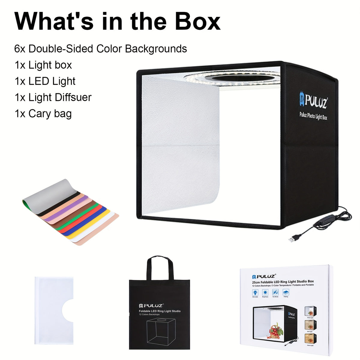 25cm/9.84inch Folding Portable 3 Modes Dual Color Ring Light Photo Lighting Studio Shooting Tent Box with 6 x Dual-side Color Backdrops, Size: 25cm/9.84inch x 25cm/9.84inch x 25cm/9.84inch(Black)