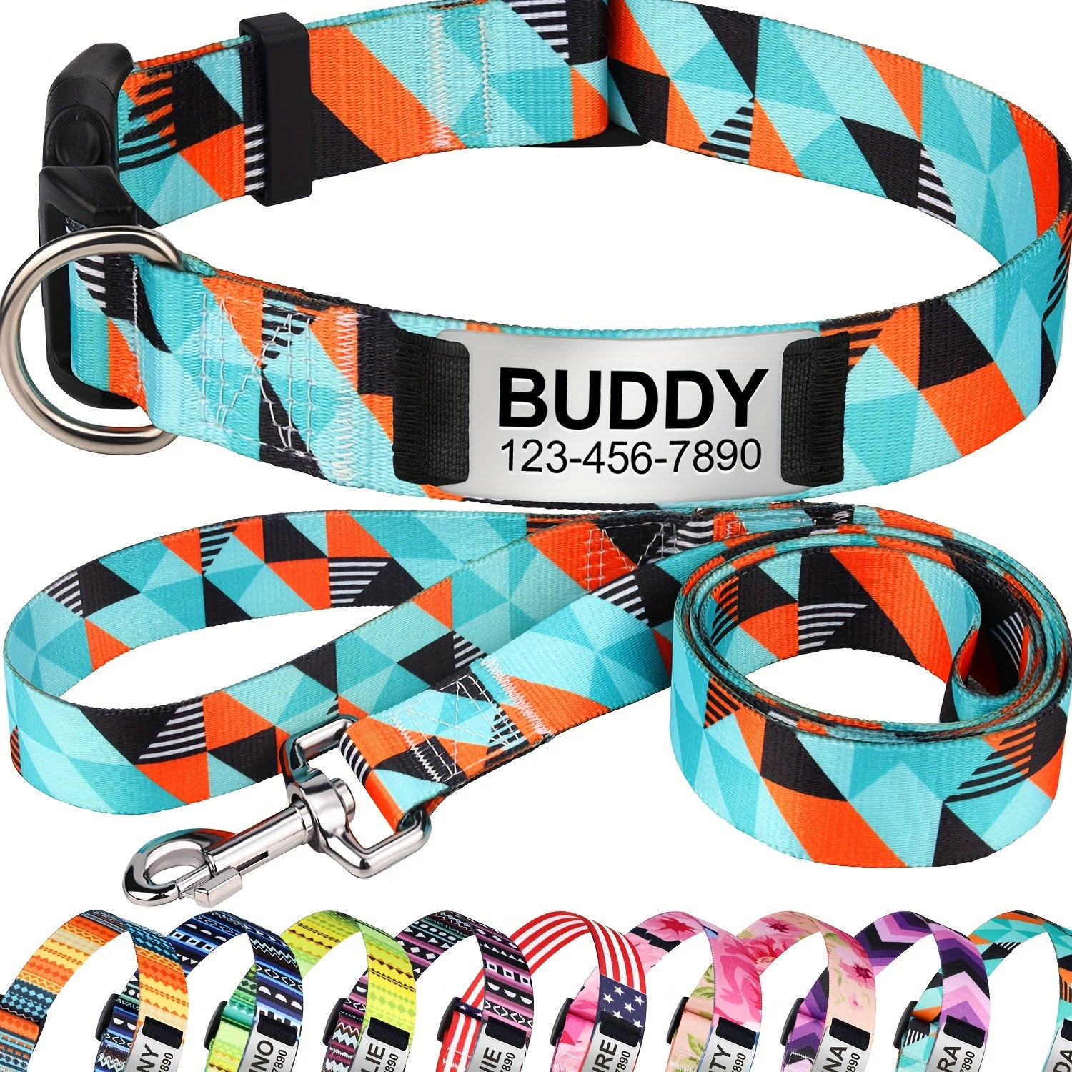 RUNTOO حزام كلب نايلون ناعم قابل للتعديل + مجموعة تعليق تعليق، غسيل يدوي فقط، مواد بولياميد، تصميم مطبوع أنيق، مريح، متين، تعليق، مع لوحة اسم مطلية شخصيًا للكلاب الصغيرة والمتوسطة الحجم