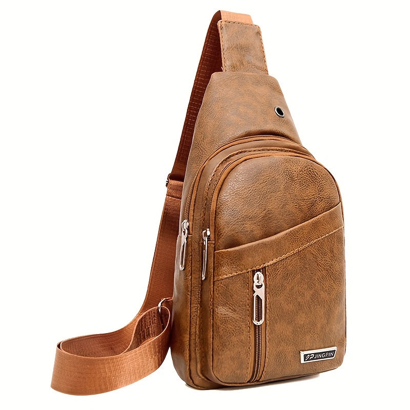 حقيبة كتف رجالية خفيفة من الجلد الصناعي مع مقبس سماعة - حزمة صدر رياضية أنيقة، حزام قابل للتعديل، سعة كبيرة، عدة أقسام للسفر والأنشطة الخارجية (أسود، بني، تان)، لمسة نهائية ناعمة