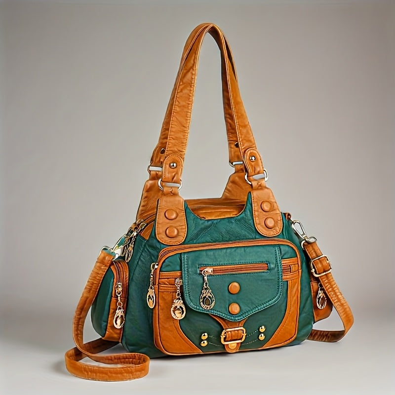 حقيبة كروس نسائية بتصميم كلاسيكي مع حزام قابل للتعديل وأدوات ذهبية وتفاصيل على الأزرار - حقيبة صناعية سوداء للاستخدام اليومي، حقيبة كروس