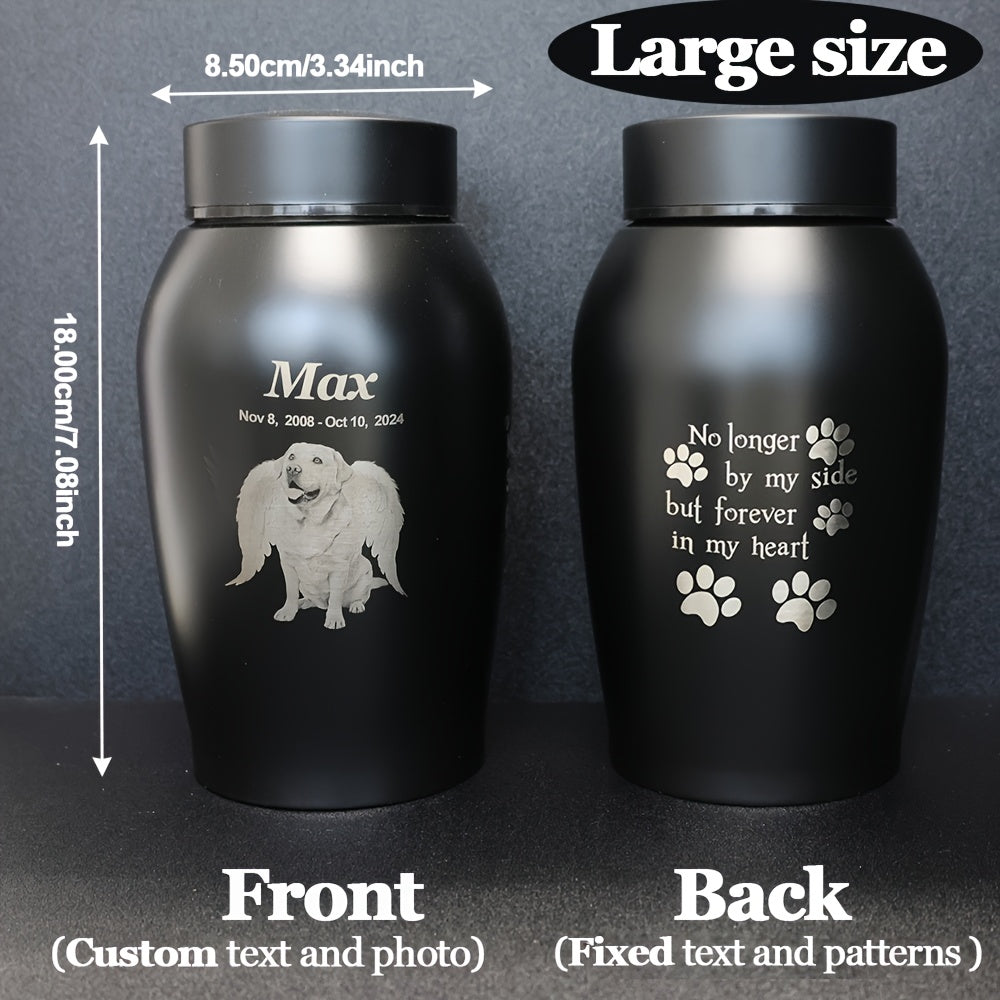 علبة حرق رفات الحيوانات الأليفة المخصصة بالصور - حاوية رماد من الفولاذ المقاوم للصدأ بغطاء آمن للكلاب والقطط، تذكار شخصي لحيواناتك المفضلة، تصميم "لم يعد بجانبي ولكن إلى الأبد في قلبي" | هدية تذكارية متينة | تصميم تحفظ صادقة | عناصر تذكارية للكلاب