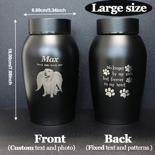 علبة حرق رفات الحيوانات الأليفة المخصصة بالصور - حاوية رماد من الفولاذ المقاوم للصدأ بغطاء آمن للكلاب والقطط، تذكار شخصي لحيواناتك المفضلة، تصميم "لم يعد بجانبي ولكن إلى الأبد في قلبي" | هدية تذكارية متينة | تصميم تحفظ صادقة | عناصر تذكارية للكلاب