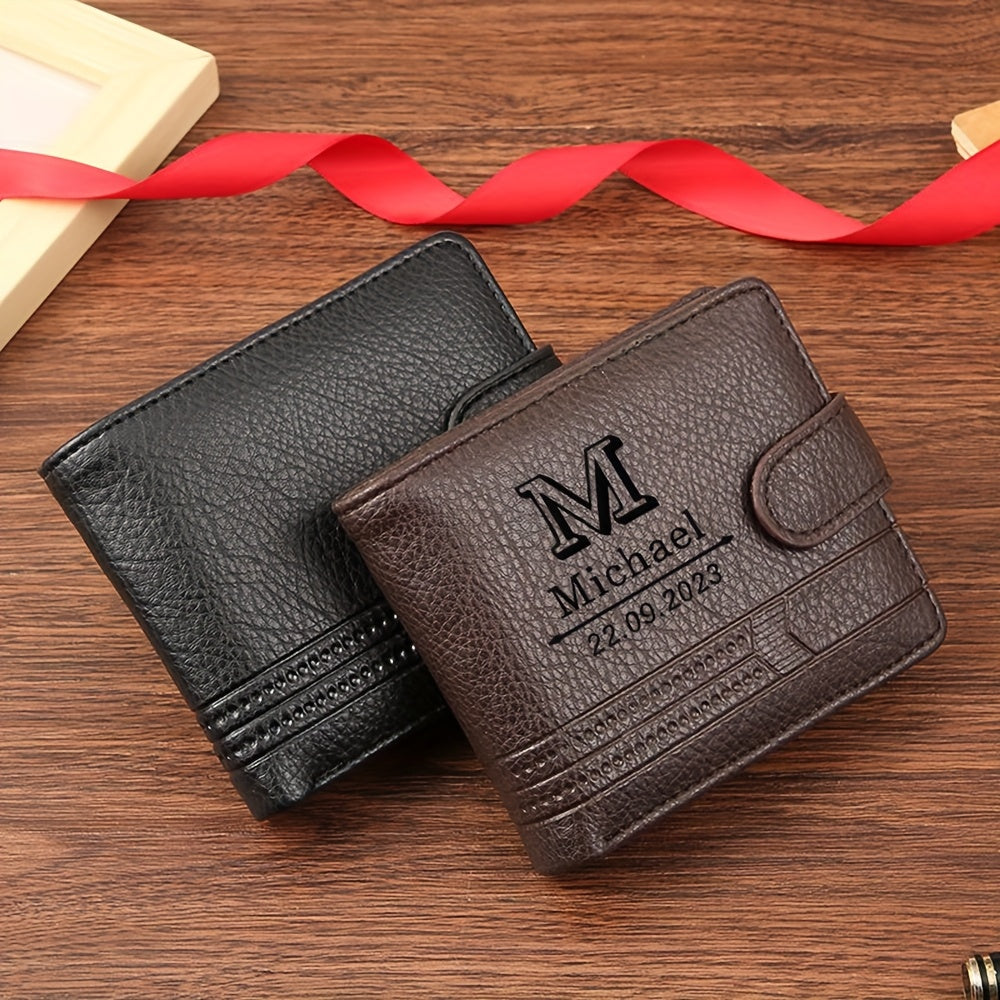 محفظة رجالية، مشبك نقود قصير فائق النحافة مع نقش شخصي DIY، حامل بطاقات جلد صناعي محمول بسيط جديد لتسجيل المعلومات ومانع للضياع والسرقة، هدية صغيرة يومية لعيد الميلاد وعيد الحب وعيد الأب