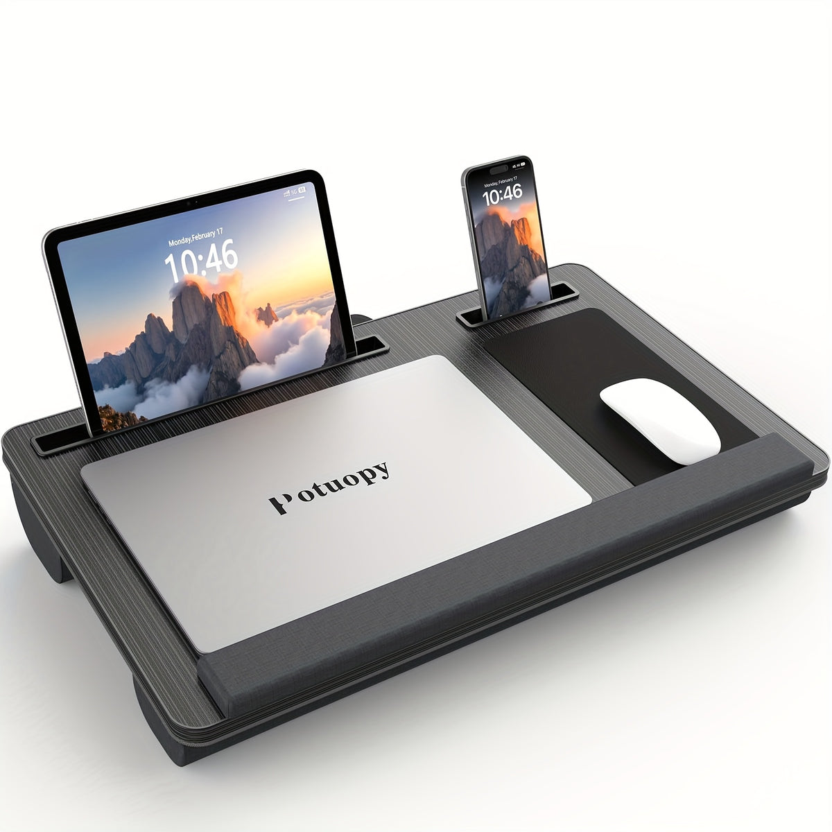 حامل لابتوب محمول، طاولة لابتوب للحضن مع مسند للمعصم، فتحات للتابلت والهاتف، مقبض محمول، وسادة