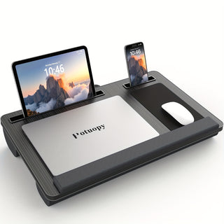 حامل لابتوب محمول، طاولة لابتوب للحضن مع مسند للمعصم، فتحات للتابلت والهاتف، مقبض محمول، وسادة