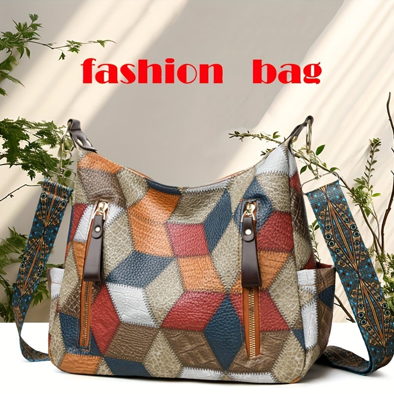 حقيبة نسائية أنيقة على الطراز البوهيمي بألوان متعددة - حقيبة كتف كبيرة السعة بتصميم مربعات، بسحاب وإبزيم قابل للإزالة، مبطنة بالبوليستر، خفيفة الوزن، للتنظيف الجاف فقط - مثالية للعمل والتنقل اليومي والسفر