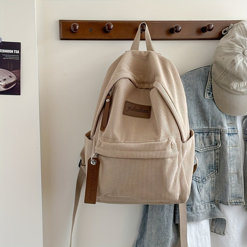 حقيبة ظهر من قماش الكوردوروي مع حزامين كتفين، سعة كبيرة، إغلاق بسحاب، تصميم ثنائي اللون، نمط ألوان متباينة إبداعية، مبطنة بالبوليستر، نمط عارض للنساء - متوفرة باللون الأبيض، الأسود، الأخضر، والبيج