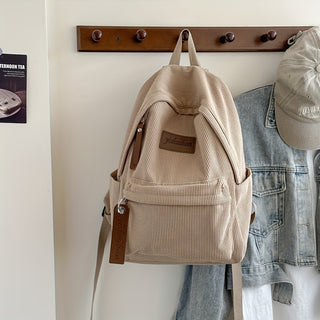 حقيبة ظهر من قماش الكوردوروي مع حزامين كتفين، سعة كبيرة، إغلاق بسحاب، تصميم ثنائي اللون، نمط ألوان متباينة إبداعية، مبطنة بالبوليستر، نمط عارض للنساء - متوفرة باللون الأبيض، الأسود، الأخضر، والبيج