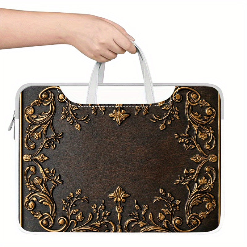 حقيبة كمبيوتر محمول فائقة الرقاقة 16 بوصة للرجال والنساء - بني داكن عتيق - حقيبة أعمال من البوليستر المزخرف بتفاصيل زهور ذهبية، جيب متعدد الأقسام للأجهزة اللوحية ومقبض، متوافقة مع iPad وHuawei للسفر والمكتب