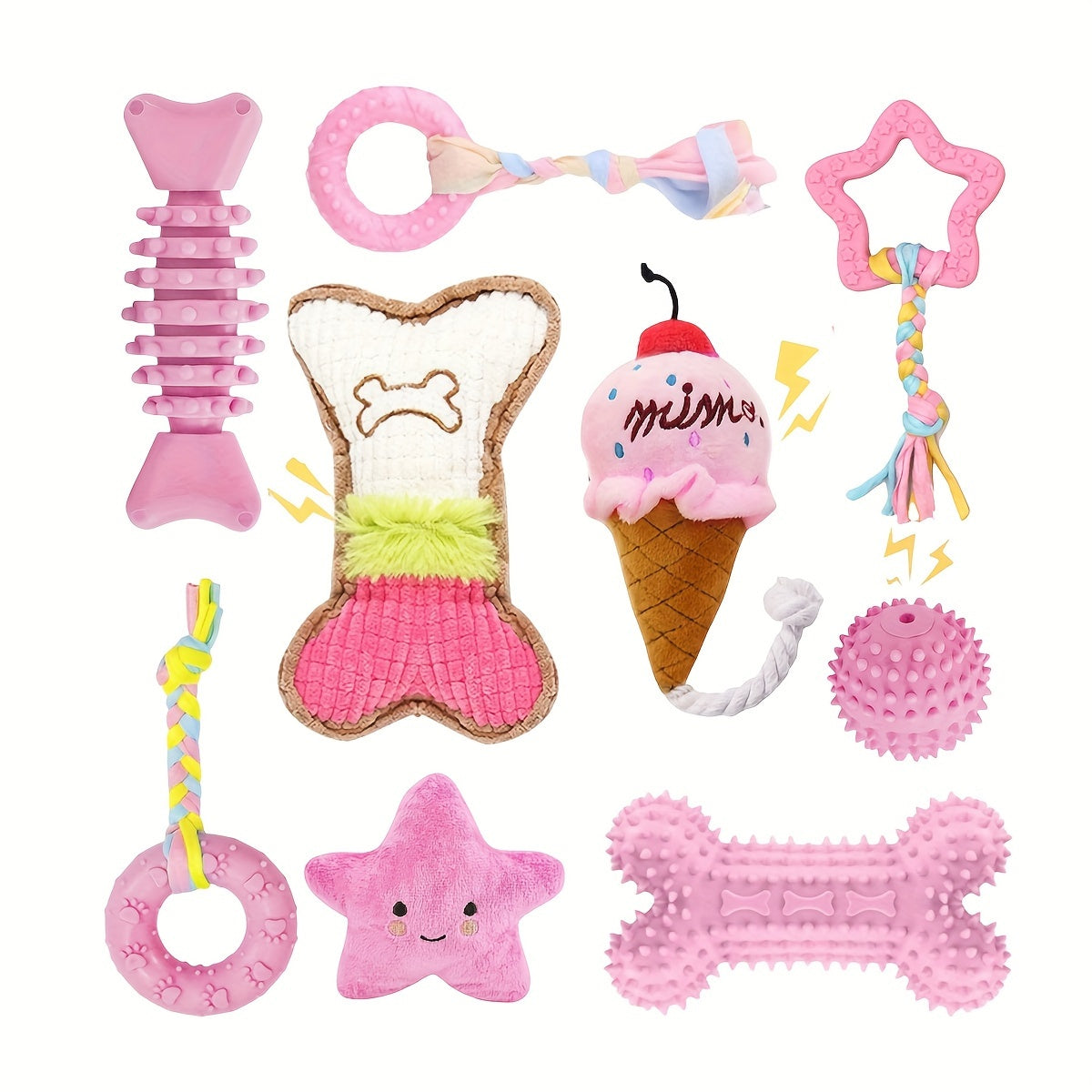 مجموعة 6 قطع من ألعاب تسنين للكلاب الصغيرة - مجموعة مضغ مطاطية ناعمة جذابة مع حبل، ألعاب عظام تفاعلية لصحة الأسنان واللعب