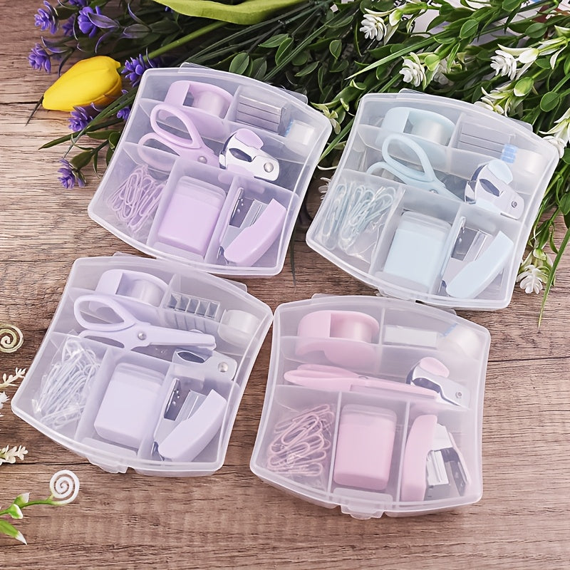 طقم أدوات مكتبية صغيرة مكون من 8 قطع، دباسة وشريط لاصق قابل للسحب، هدية عيد للطلاب والمكتب المحمول