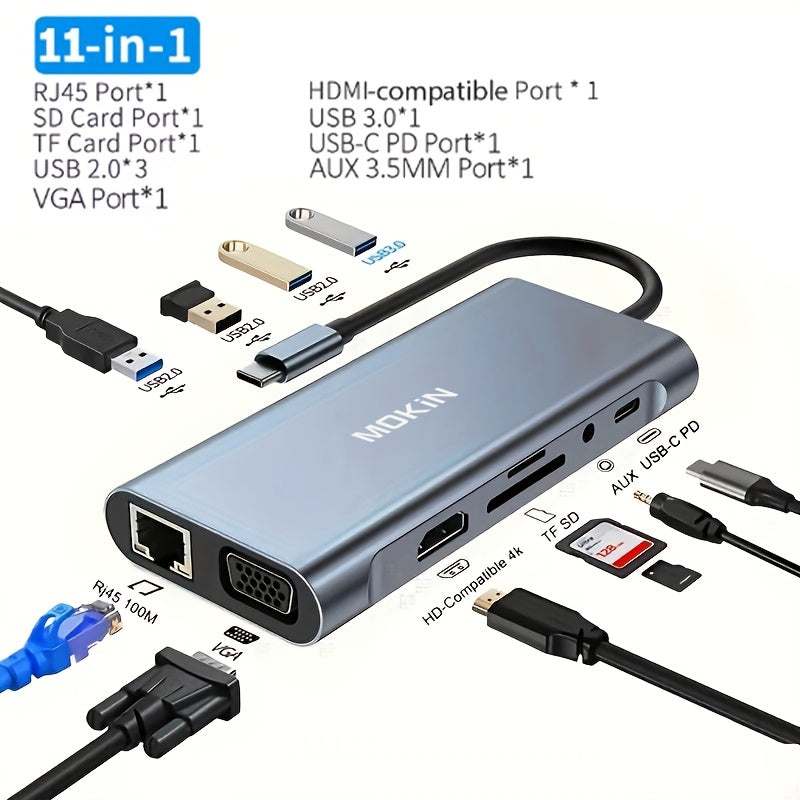 قاعدة توسعة MOKiN 11 في 1 من نوع C، محور USB متعدد المنافذ مع شاشات ثلاثية العرض، HDTV، VGA، PD، إيثرنت، 4 * USB، قارئ بطاقات صوت/ميكروفون، SD/TF، مناسب لأجهزة MacBook و Windows وغيرها من أجهزة اللابتوب ذات USB Type-C