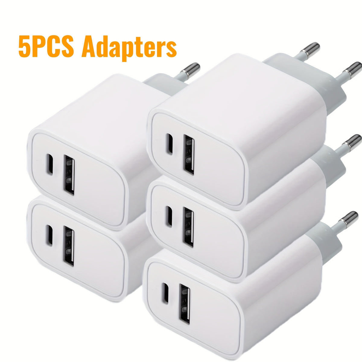【حزمة من 5】 شاحن بـ 2 منافذ USB A وType C، محول شحن 5V2A، الشحن باستخدام كابل USB Type C USB A، قابس قياسي أوروبي، مصدر طاقة للسفر