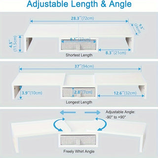 حامل شاشات مزدوج قابل للتعديل مع درج - رف مكتب خشبي 93.98 سم لشاشات 2، لابتوبات وأجهزة كمبيوتر - منظم تخزين موفر للمساحة، خطافات فائدة