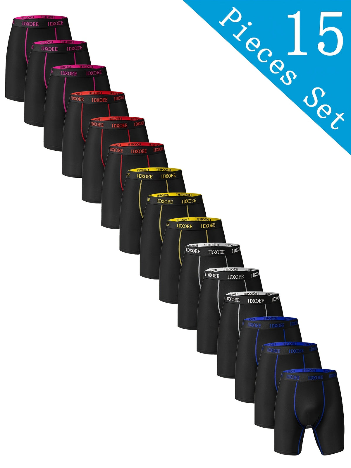 15 قطعة من سراويل بوكسر رجالية ضيقة للشكل - تنفس، مطاطية سريعة الجفاف، خصر مرن، تمتص الرطوبة، ناعمة وخفيفة للرياضة والملابس اليومية - أسود، أحمر، أصفر، أزرق، بنفسجي، ملابس داخلية رياضية | تصميم أنيق | مادة مطاطية، ملابس جيم