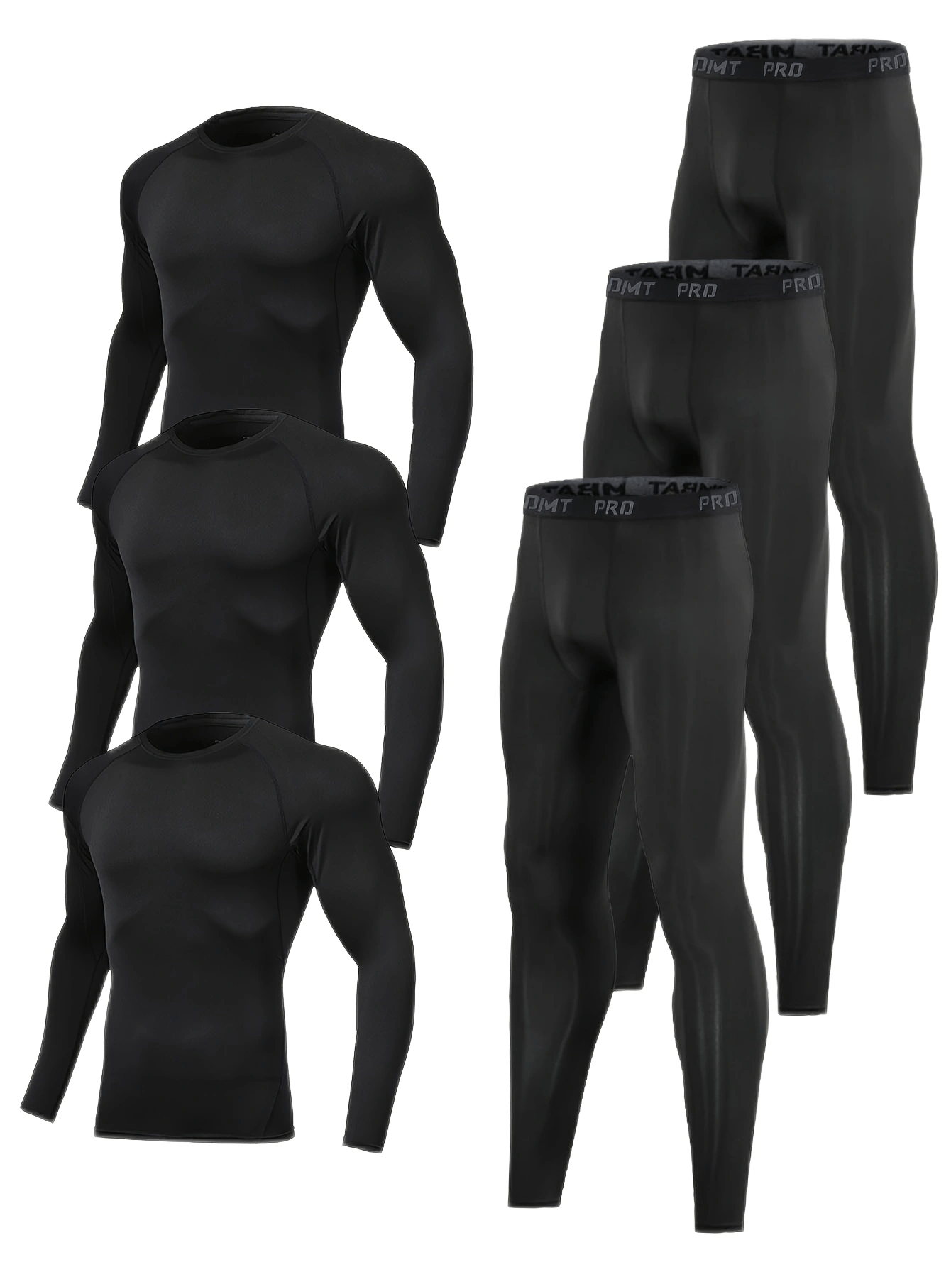 مجموعة ملابس ضغط للرجال مكونة من 6 قطع، تضم قمصان بأكمام طويلة وياقة رجلان وسراويل ضيقة طويلة، مصنوعة من نسيج محبوك عالي التمدد، بلون صلب، مصنوعة من البوليستر والسباندكس، مناسبة لجميع فصول السنة، للجري والتمرين.