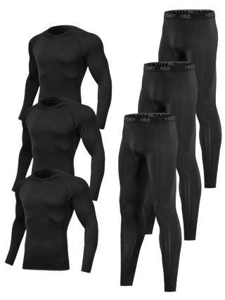 مجموعة ملابس ضغط للرجال مكونة من 6 قطع، تضم قمصان بأكمام طويلة وياقة رجلان وسراويل ضيقة طويلة، مصنوعة من نسيج محبوك عالي التمدد، بلون صلب، مصنوعة من البوليستر والسباندكس، مناسبة لجميع فصول السنة، للجري والتمرين.