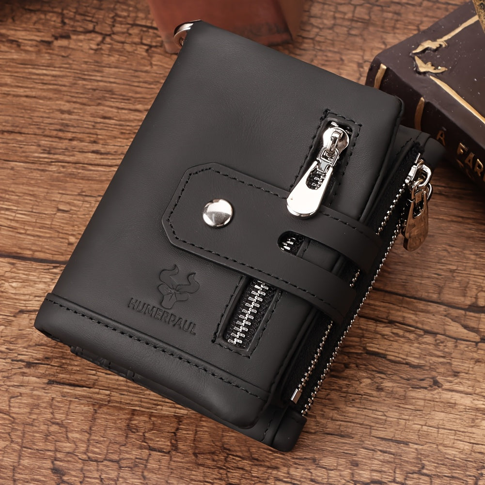 محفظة جلدية كلاسيكية بسلسلة للرجال - حماية RFID مدمجة، محفظة عملات بسحاب وحامل بطاقات في اللون البني الباهت، تصميم مدمج مع فتحات بطاقات متعددة ونافذة للبصمة، محفظة سفر آمنة | محفظة بسيطة | بطانة من البوليستر، محفظات