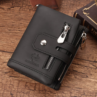 محفظة جلدية كلاسيكية بسلسلة للرجال - حماية RFID مدمجة، محفظة عملات بسحاب وحامل بطاقات في اللون البني الباهت، تصميم مدمج مع فتحات بطاقات متعددة ونافذة للبصمة، محفظة سفر آمنة | محفظة بسيطة | بطانة من البوليستر، محفظات