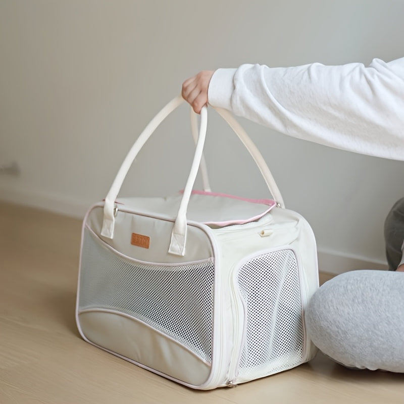 حامل القطط القابل للطي بسعة كبيرة - حقيبة الحيوانات الأليفة من الكتان المسامي مع نافذة شبكية، مقابض مزدوجة لسهولة السفر، أبيض