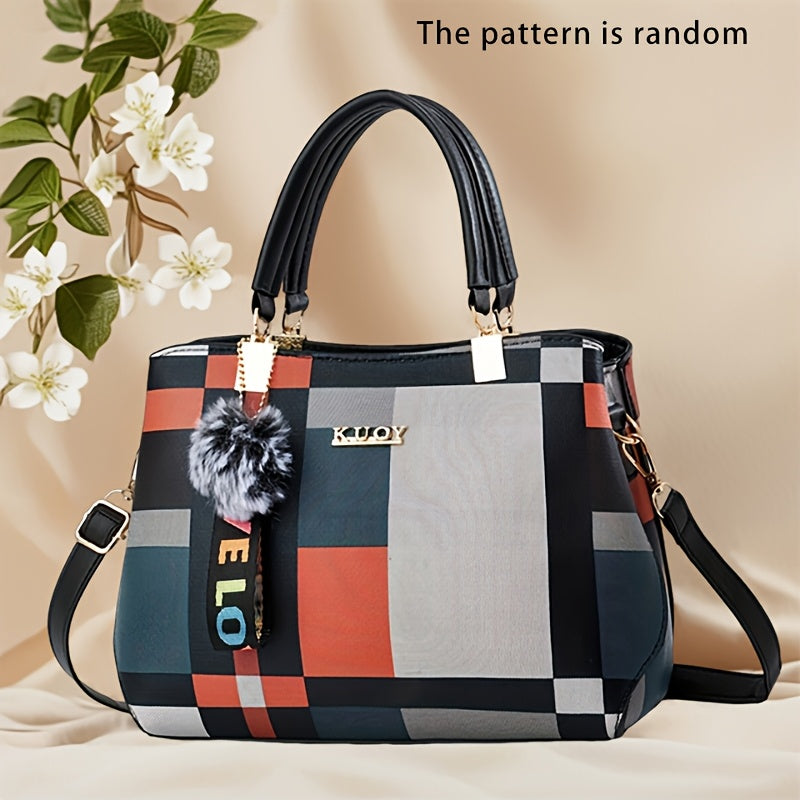 حقيبة نسائية أنيقة مع حزام قابل للإزالة - تصميم مخطط أسود وأبيض أنيق، أجهزة ذهبية اللون، تزيين زهري، بطانة بوليستر، مثالية للمناسبات العارضة أو الرسمية، حقيبة نسائية عادية | تصميم حقيبة أنيق | حقيبة مبطنة بالبوليستر، حقيبة نسائية كبيرة