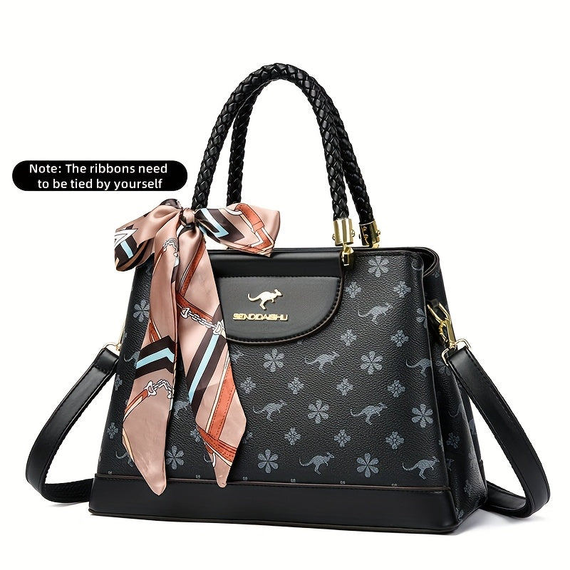 حقيبة يد نسائية أنيقة بسعة كبيرة مع حزام كتف قابل للتعديل، جلد صناعي، زينة بفيونكة وطباعة زهور - هدية مثالية للأمهات، متوفرة بالأسود، الأحمر، البيج، البني الداكن، إغلاق بسحاب آمن