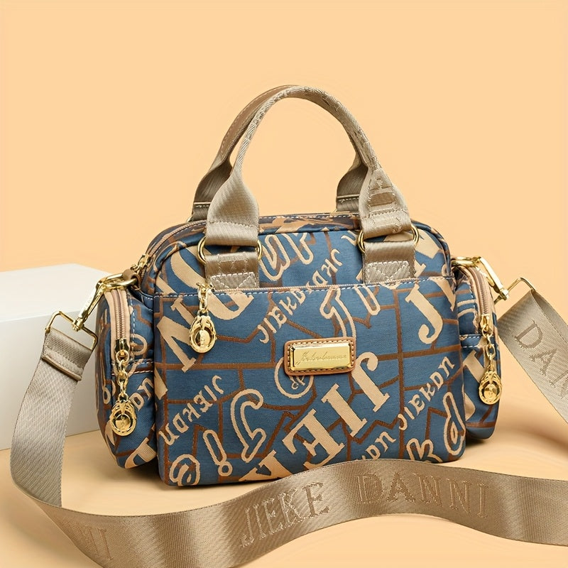 حقيبة يد نسائية من طراز بوسطن أنيقة - سعة كبيرة، قماش متين مع طباعة حروف، حزام قابل للإزالة، إغلاق بسحاب، حقيبة متعددة الاستخدامات باللون الأزرق، مثالية للاستخدام اليومي والسفر