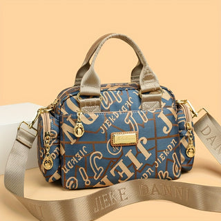 حقيبة يد نسائية من طراز بوسطن أنيقة - سعة كبيرة، قماش متين مع طباعة حروف، حزام قابل للإزالة، إغلاق بسحاب، حقيبة متعددة الاستخدامات باللون الأزرق، مثالية للاستخدام اليومي والسفر