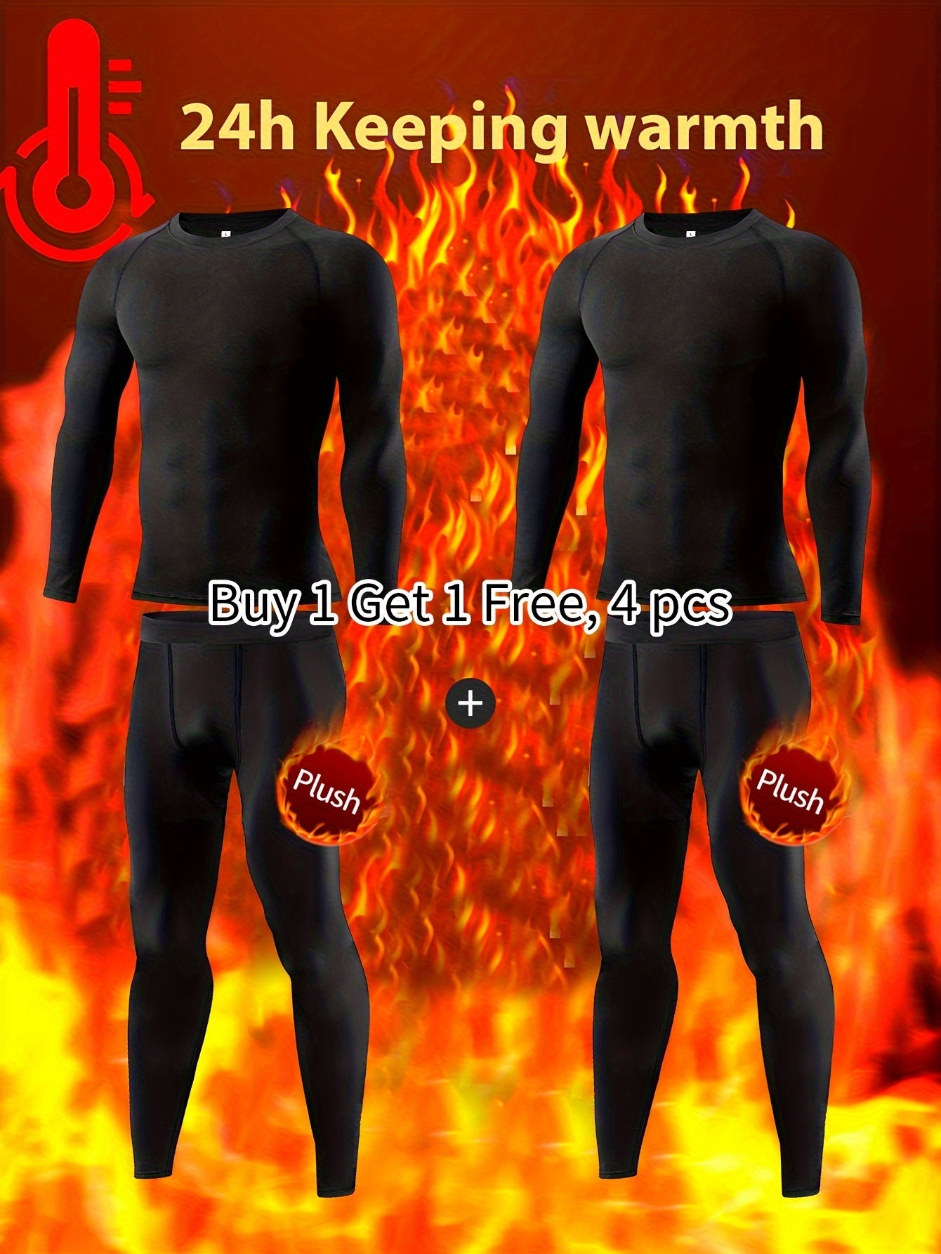 مجموعة ملابس داخلية حرارية للرجال مكونة من 4 قطع، مناسبة للصيد في الشتاء والأنشطة الخارجية مثل التزلج، تتضمن بلوزة بأكمام طويلة وياقة طاقمية وسروال، مصنوعة من نسيج البوليستر 95% وسباندكس 5%، ذات مرونة عالية، مناسبة للارتداء اليومي بلون صلب.