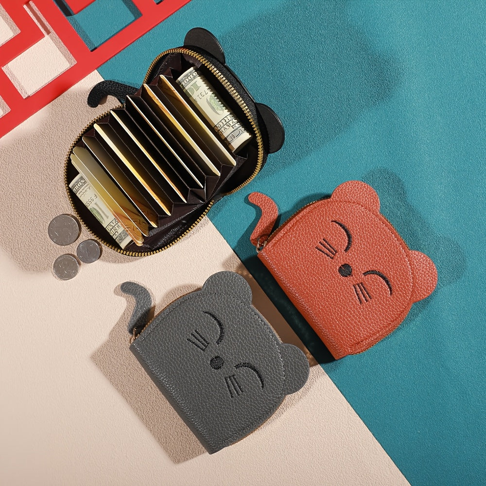 【لمسة مرحة】محفظة صغيرة برسمة قطة كرتونية جذابة - محفظة نقود بأسلوب حلو مع فتحات بطاقات متعددة، إغلاق بسحاب، وتصميم برتقالي مرح للنساء